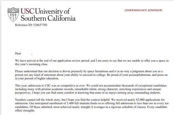 Photo of rejection letter from University of Southern California